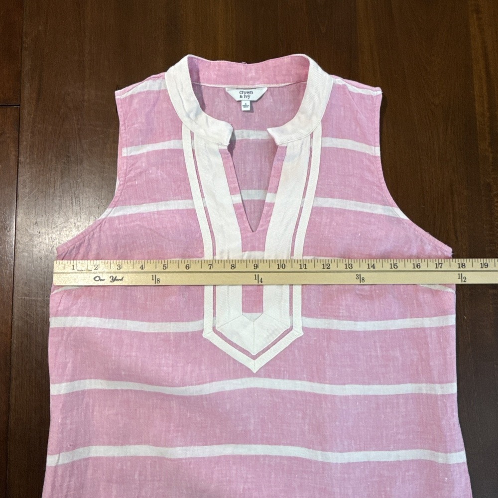 Crown & Ivy 100% Linen Dress Size 4 Pink White Stripe Sleeveless Preppy Coquette - Picture 4 of 7